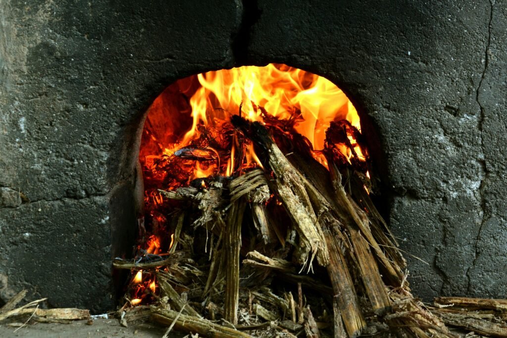 Close-up of a rustic wood-fired clay oven with burning wood and vibrant flames.